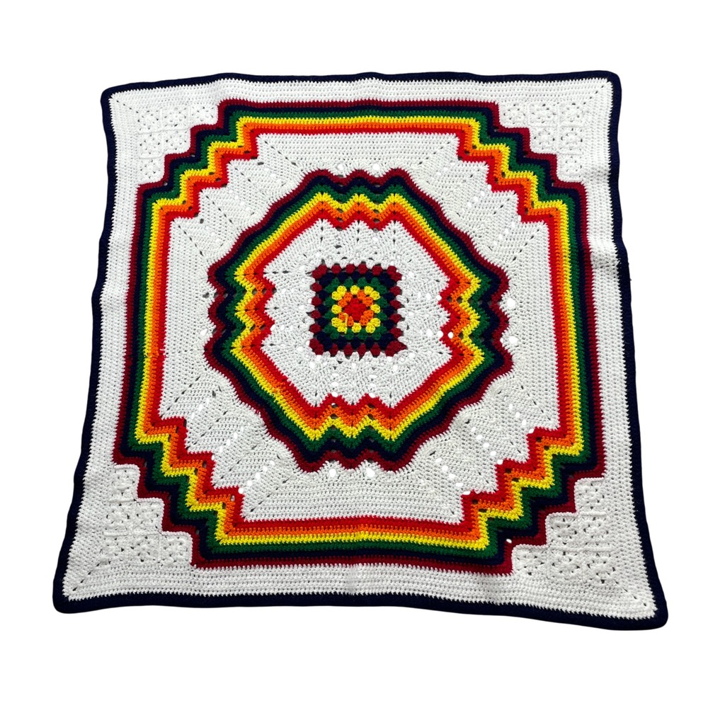 Rainbow Crochet Granny Square Afghan Blanket Handmade 35"‎